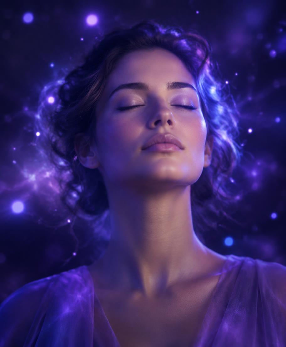 Mujer en estado de hipnosis profunda, rodeada de luz violeta